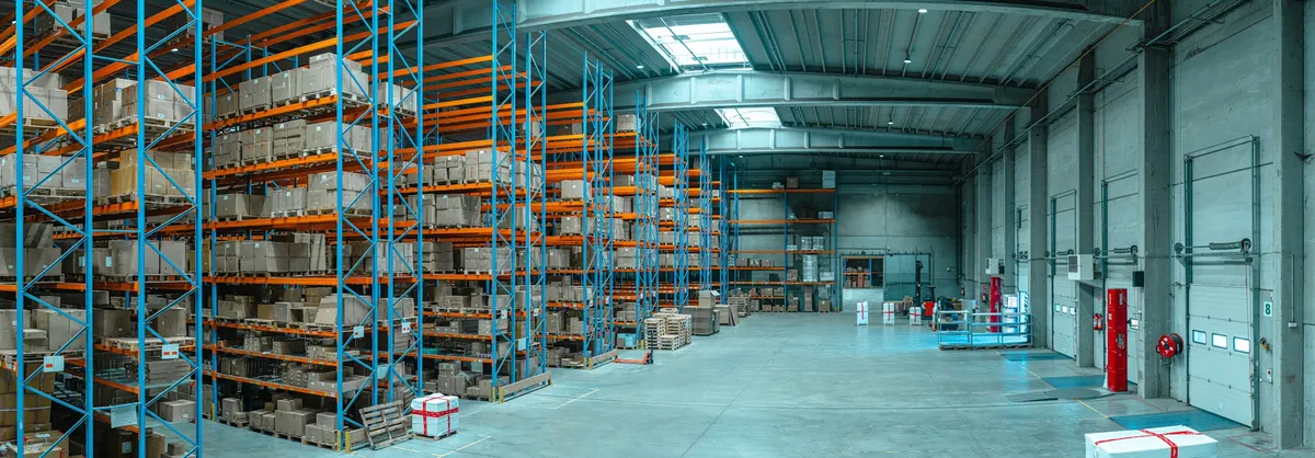 Construction supplier warehouse with stacked building materials